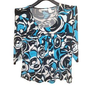Worthington Stretch Floral Abstract Top – Size Large – Blue Black White – Career